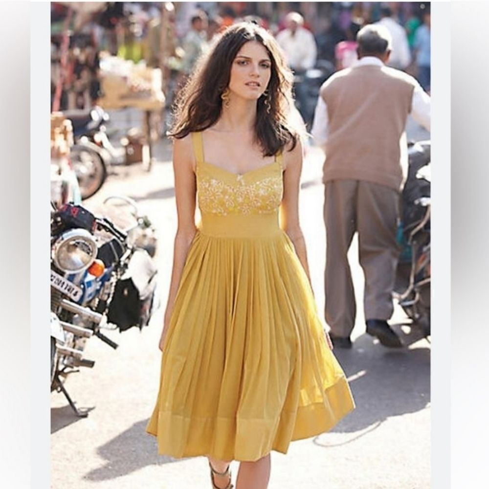 Anthropologie Anita Dongre Mustard Yellow Embroidered Pleated Cotton Dress.